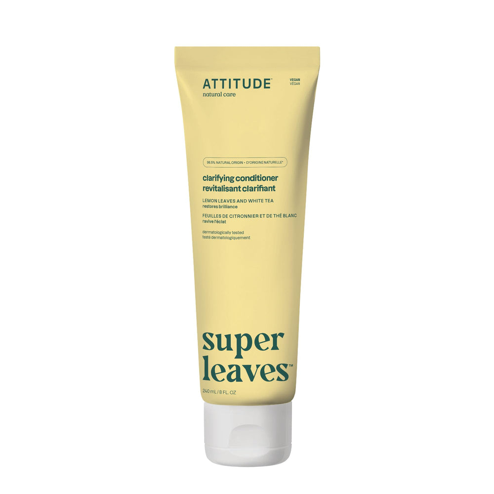 ATTITUDE Clarifiant après-shampooing, flacon visible, révèle brillance naturelle et soin sans silicone.