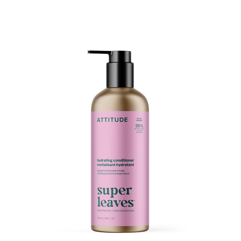 ATTITUDE après-shampooing hydratant menthe-orange, bouteille aluminium, hydratation durable.