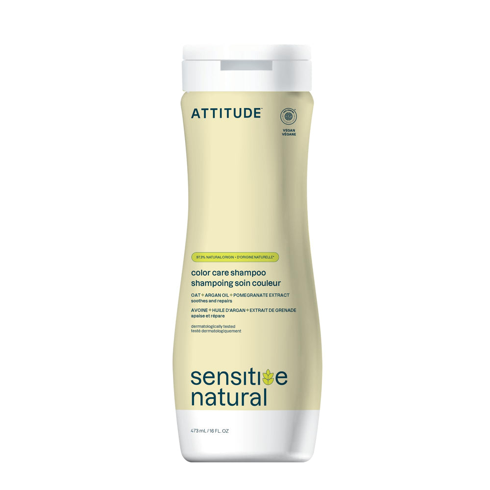 attitude shampoing sensitif pour cheveux colorés — bouteille élégante et soin en douceur.