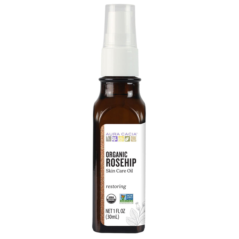 Aura Cacia huile d'argousier — visage, bouteille élégante pour une application facile et hydratante.