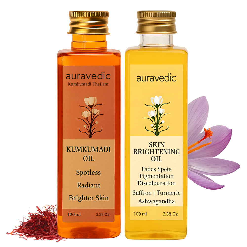 Auravedic duo huile kumkumadi visage bouteille: soin quotidien non gras pour tous types de peau.