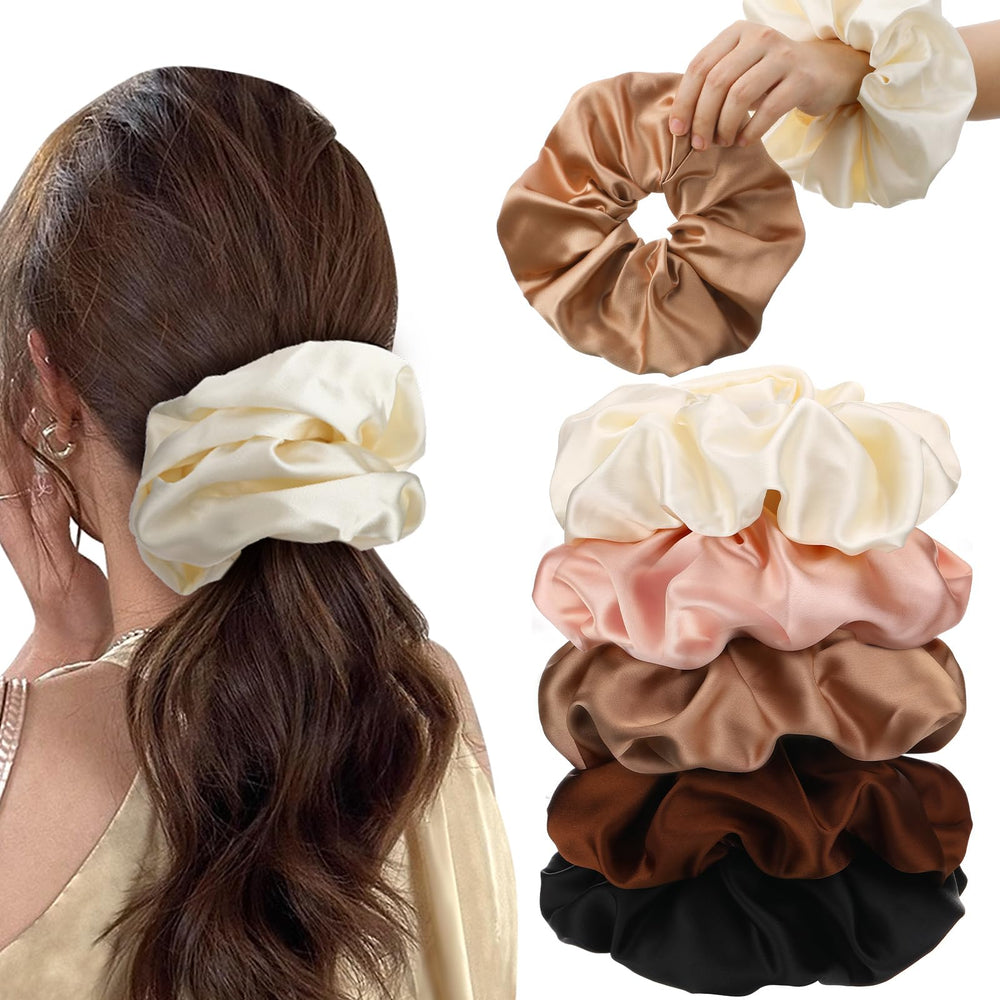 Auroray scrunchies satin luxe – ensemble cinq pièces, maintien sûr et douceur sur cheveux.