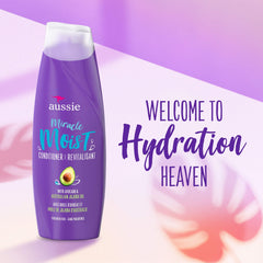 Flacon Aussie Miracle Moist après-shampoing, démêlage facilité et douceur.