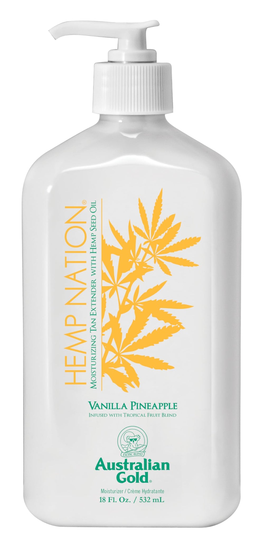 Australian Gold Hemp Nation Vanilla Pineapple Lotion — bouteille pompe, hydratation rapide pour peau douce.