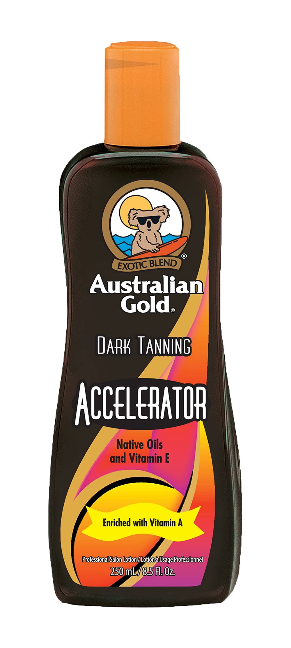 Australian Gold Lotion accélérateur bronzage sombre, flacon élégant pour bronzage rapide.