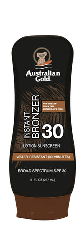 Lait solaire Australian Gold avec bronzage instantané pour teint contrôlé.