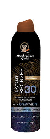 Australian Gold spray bronzant instantané offrant une couleur dorée et scintillante