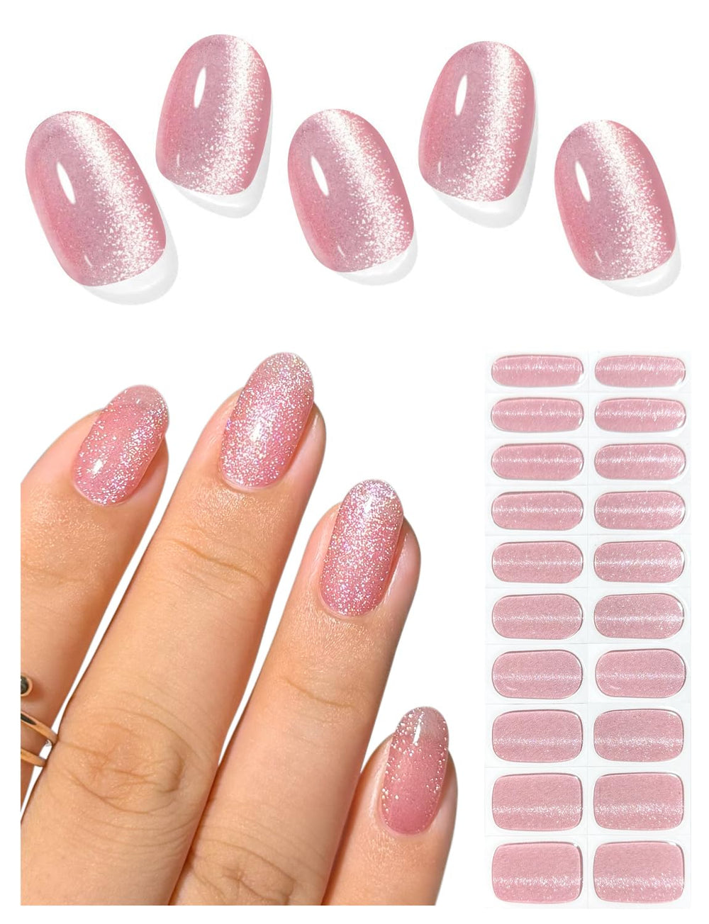AutyaMee bandes gel ongles rose clair effet œil-de-chat, fini élégant et longue tenue.