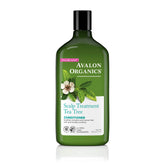 Avalon Organics Après-shampooing Tea Tree sur la bouteille, rafraîchit le cuir chevelu.