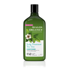 Avalon Organics Après-shampooing Tea Tree sur la bouteille, rafraîchit le cuir chevelu.
