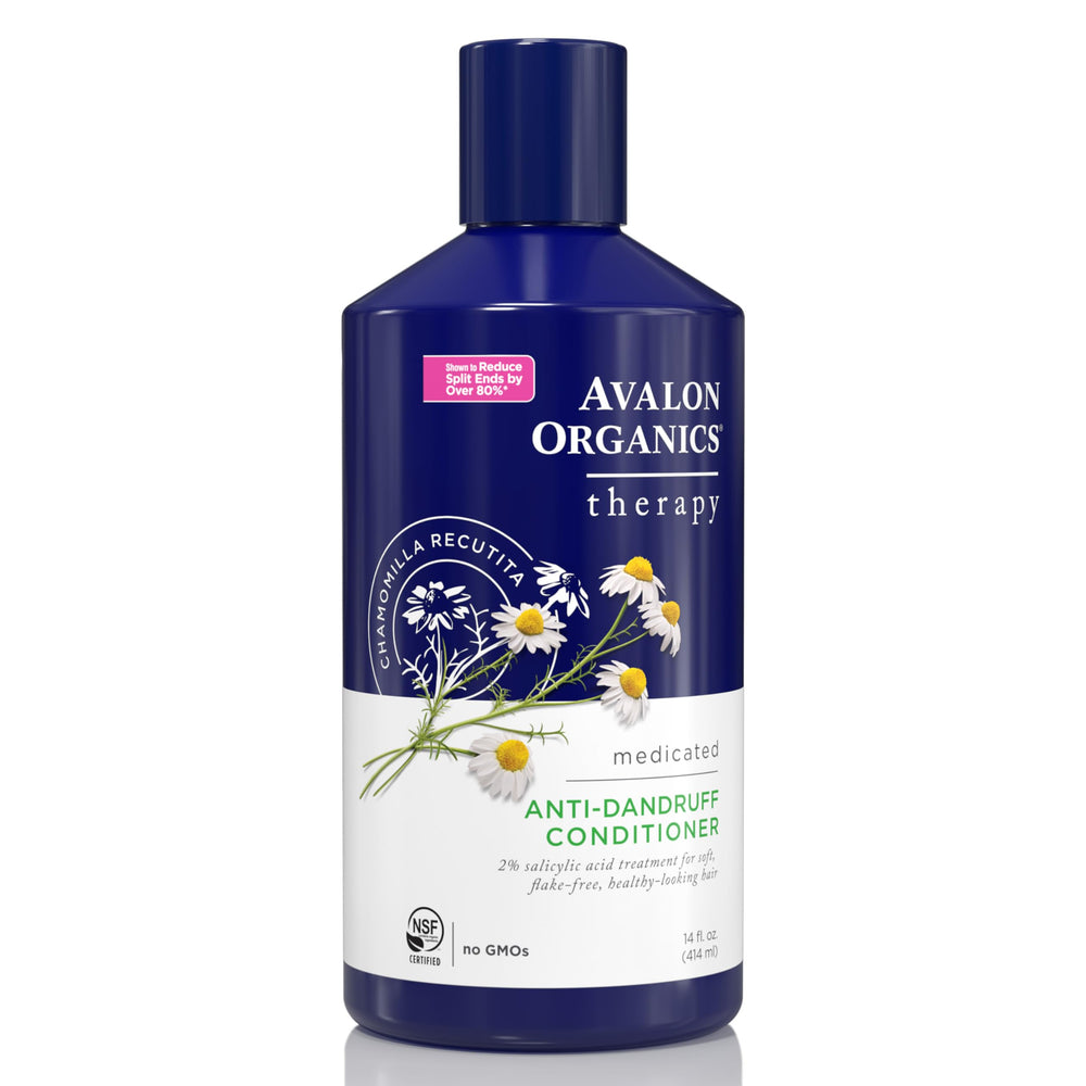 Conditionneur Avalon Organics antipelliculaire dans une bouteille recyclable avec capot basculant, usage pratique.