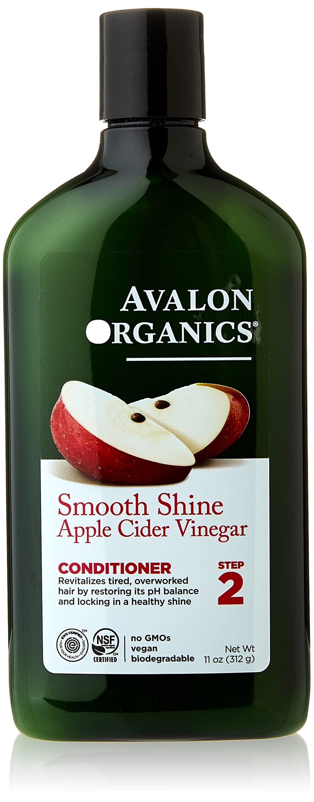 Avalon Organics Conditionneur au vinaigre de pomme, bouteille verte, douceur et brillance.