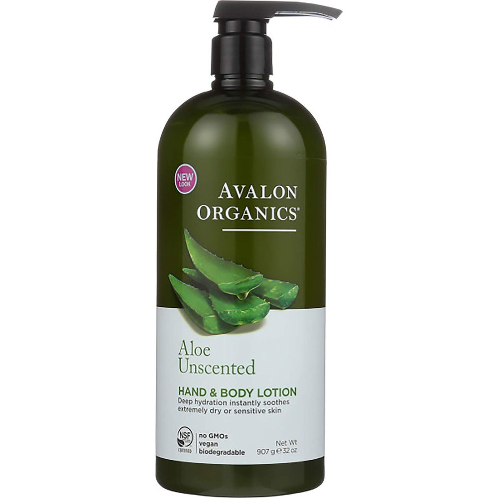 Avalon Organics lotion-mains-aloe-non-parfumee dans bouteille 32oz, hydratation durable.