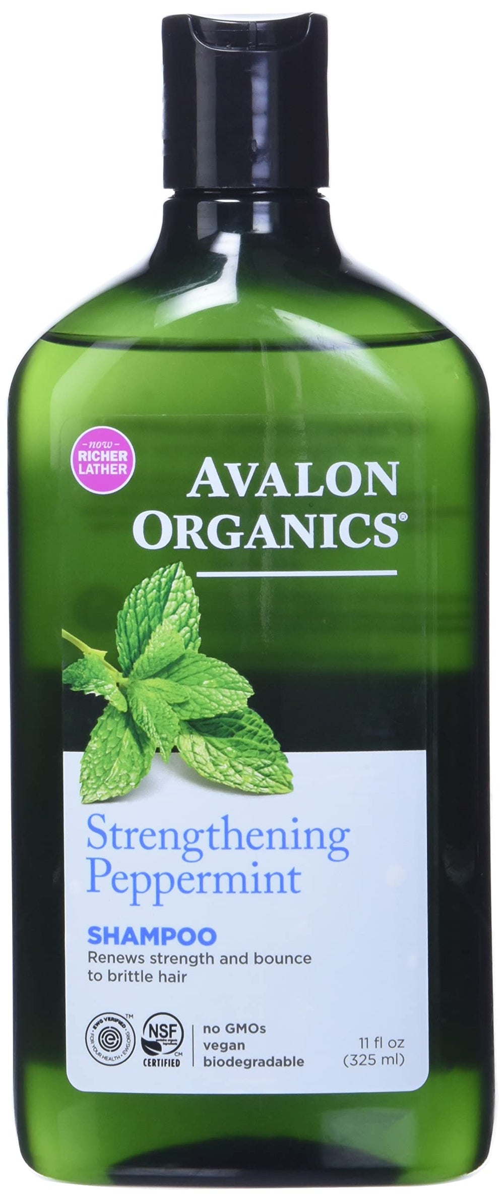 Avalon Organics Shampooing menthe renforcement, flacon 11 oz, revitalise l’élasticité des cheveux.