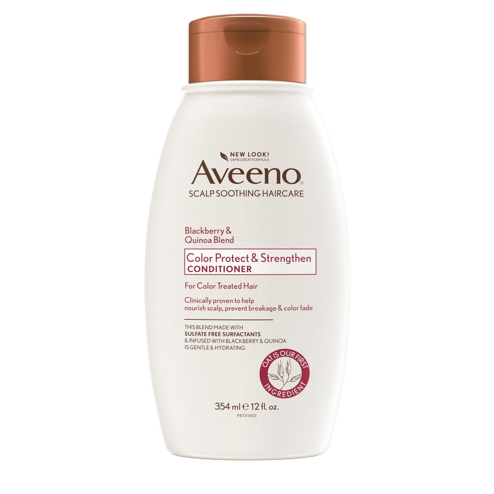 Aveeno Conditionneur – bouteille blackberry-quinoa, protège les cheveux colorés et apaise le cuir chevelu.