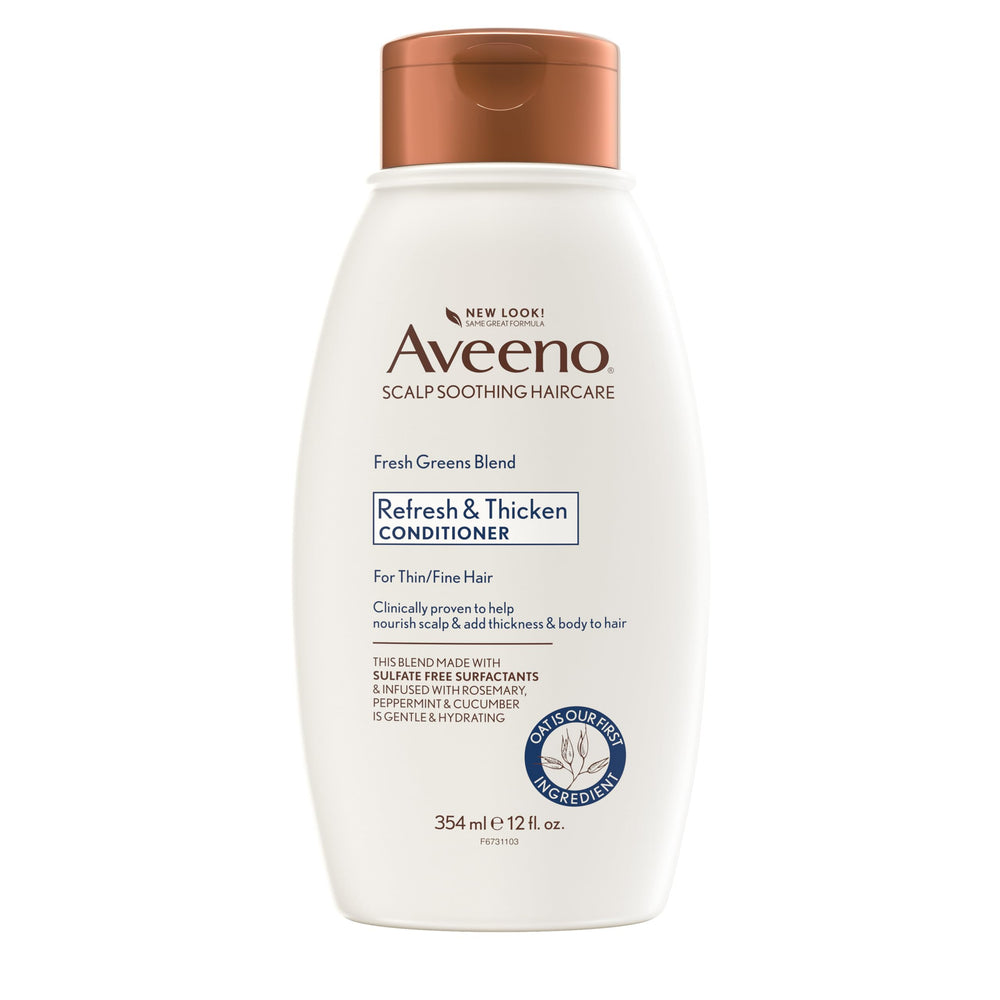 Aveeno Fresh Greens Blend: bouteille d'après-shampoing pour cheveux fins, offrant volume et fraîcheur.