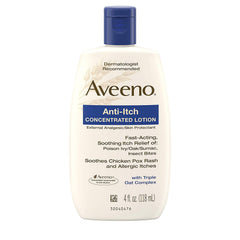 Lotion Aveeno anti-démangeaisons, bouteille 118 ml prête à l’emploi pour soulager rapidement les irritations.