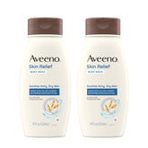 Gel douche Aveeno Relief Peau, une bouteille qui nettoie en douceur et hydrate la peau sensible.