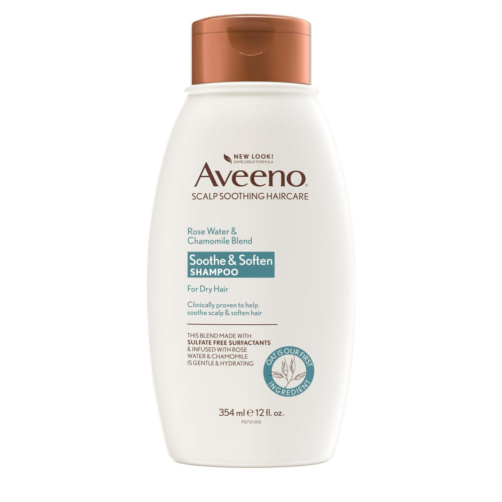 Aveeno Shampoing eau de rose et camomille – bouteille, douceur pour cuir chevelu sensible.