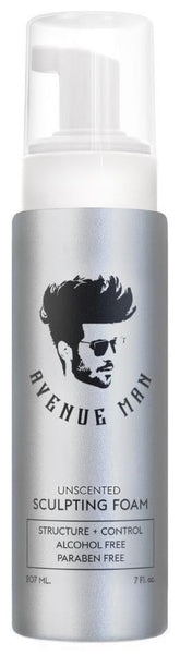 Avenue Man Unscented Sculpting Foam bottle front with clean, fragrance-free styling benefits
