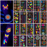 Tatouages AWINMAY néon UV lumineux sur le corps, parfait pour les fêtes.