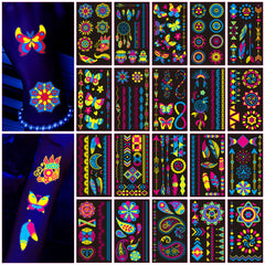 Tatouages AWINMAY néon UV lumineux sur le corps, parfait pour les fêtes.