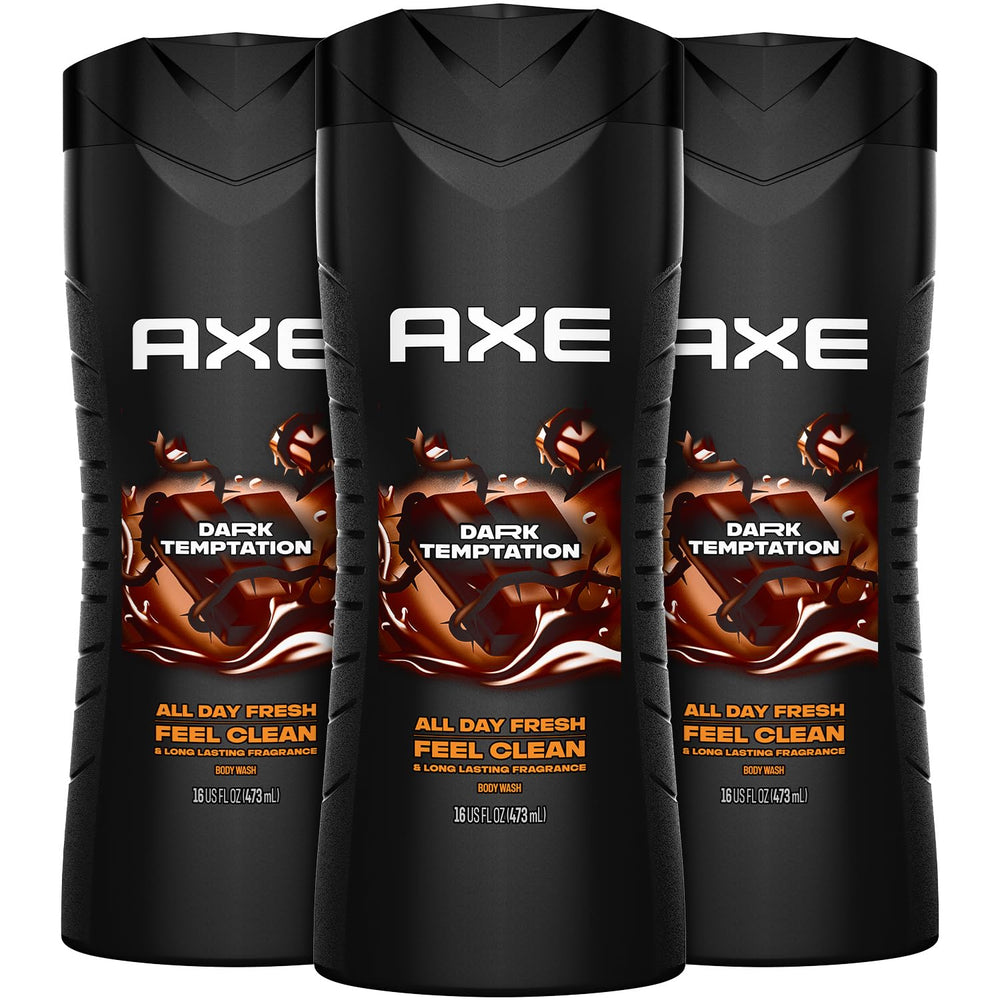 Bouteille AXE Dark Temptation avec mousse crémeuse pour une douche rafraîchissante.