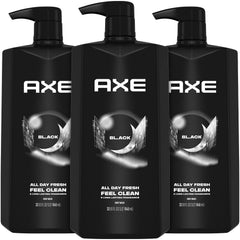 AXE DOUCHE HOMME NOIR – trois bouteilles avec pompe, pratique pour la routine rapide.