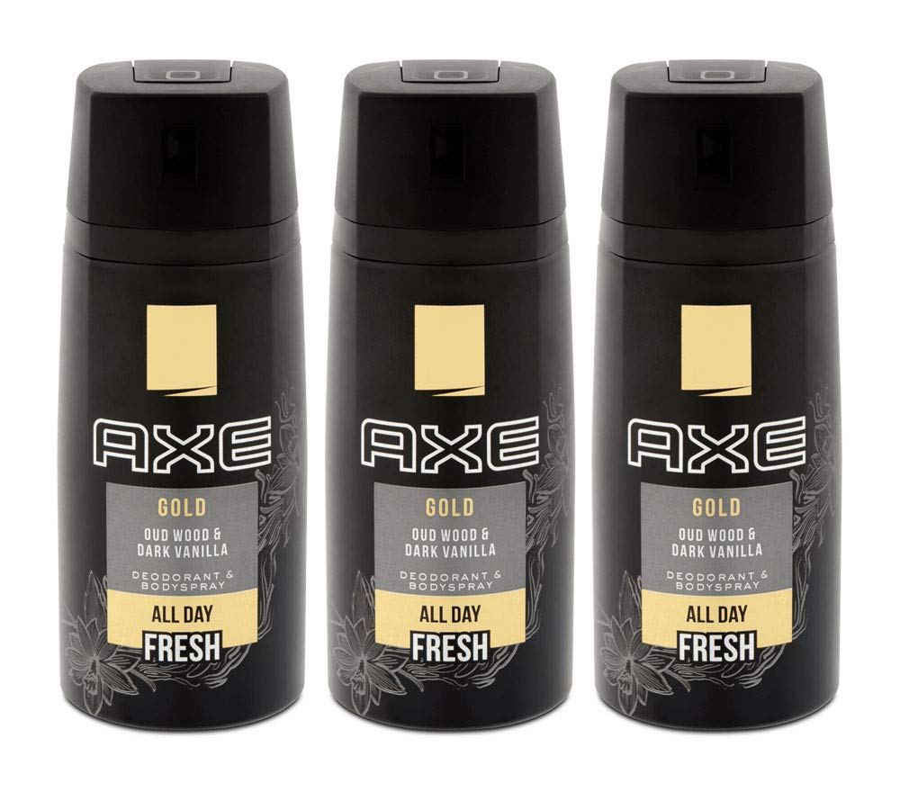 AXE Gold Oud Wood et Vanille Fraîche, bouteille élégante avec senteur durable.