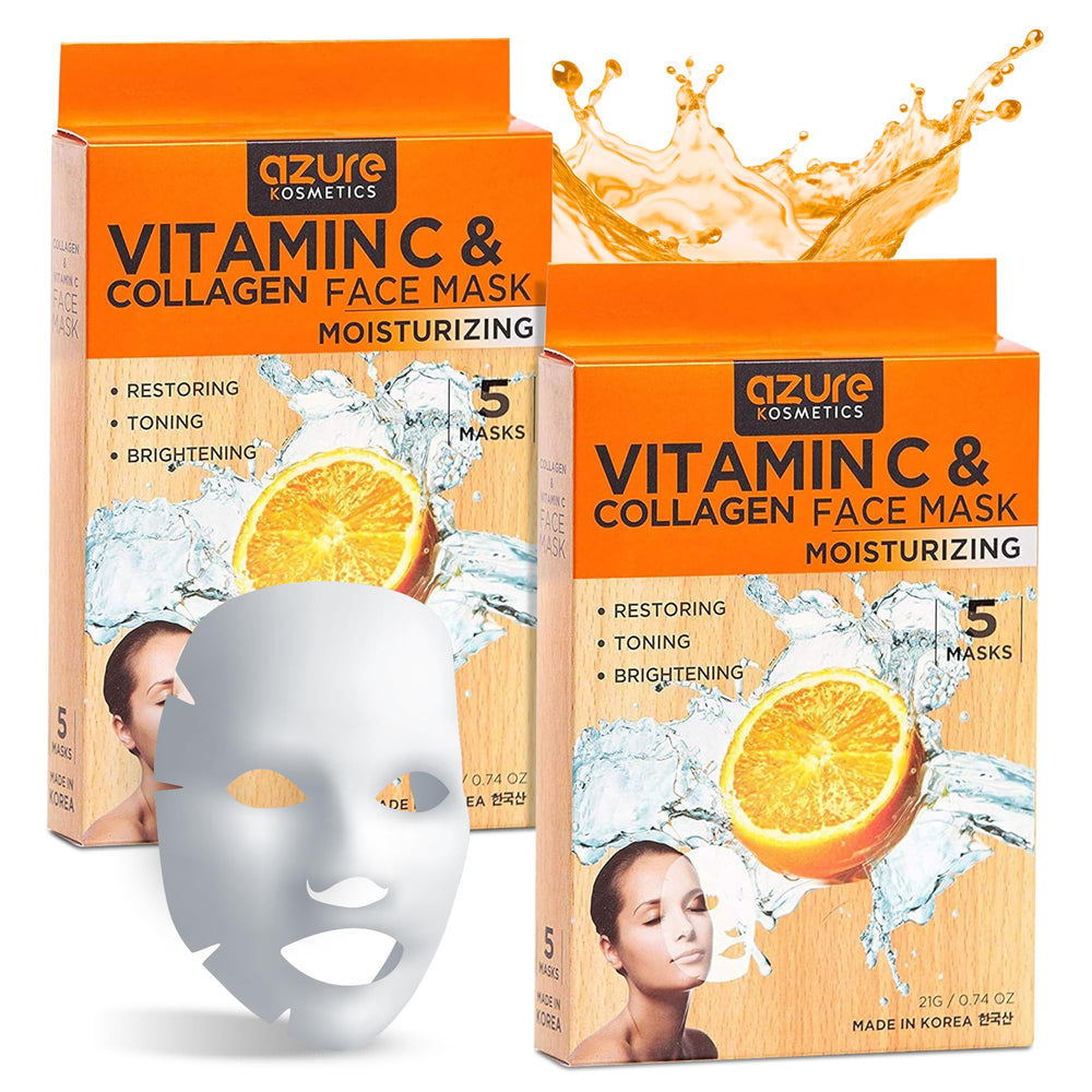 Masque Azure Cosmetics Vitamine C et Collagène – pack 5 pour hydratation et élasticité.