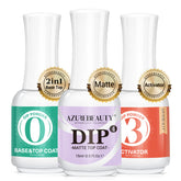AzureBeauty dip powder liquid set bottles showing base and top coats for durable nails.