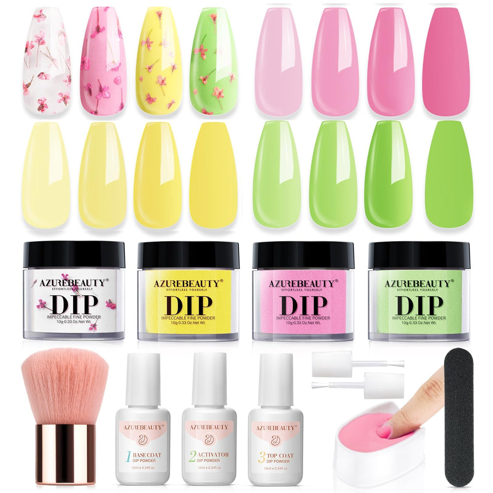 Kit AZUREBEAUTY poudre dip jaune brillant avec fleurs seches pour manucure a domicile.