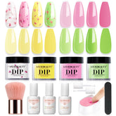 Kit AZUREBEAUTY poudre dip jaune brillant avec fleurs seches pour manucure a domicile.