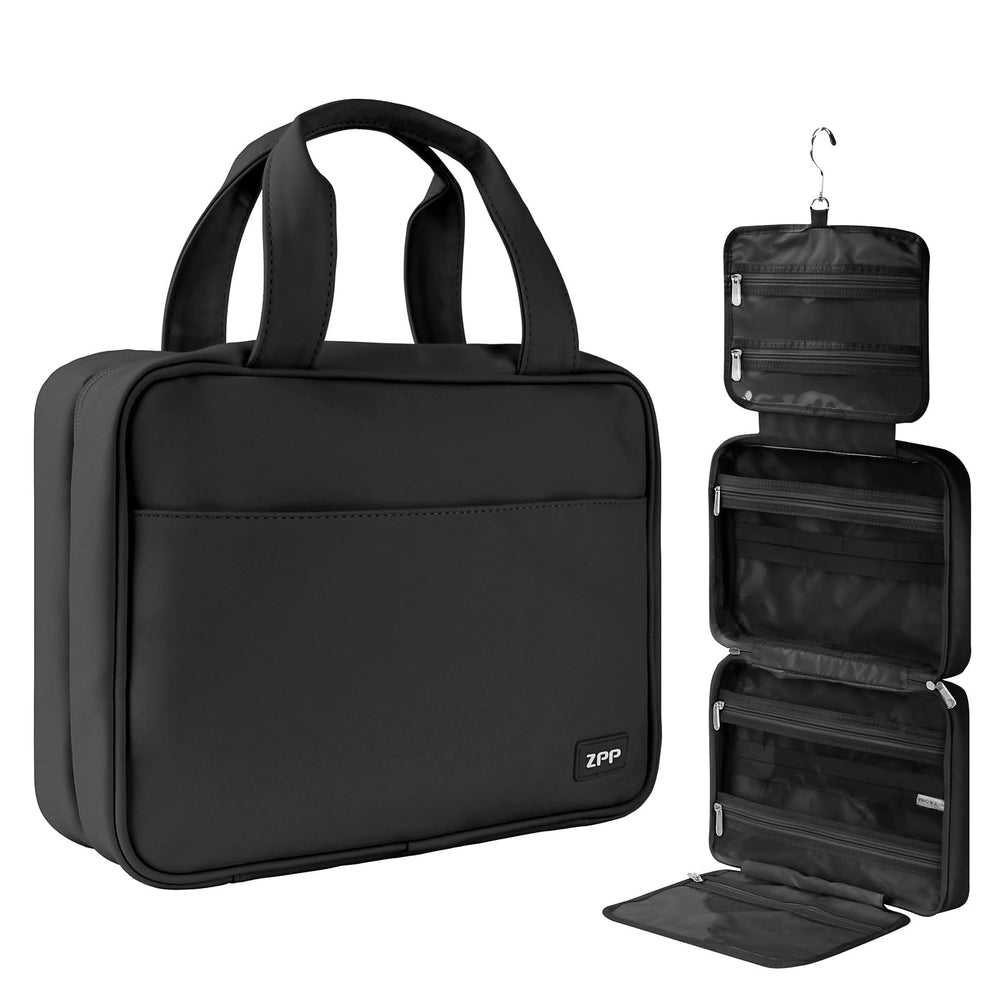 Trousse B365 voyage noir ouverte, compartiments pratiques pour cosmétiques et soins.