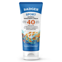 Badger crème solaire minérale SPF40 dans bouteille, protection fiable pour le visage et le corps.