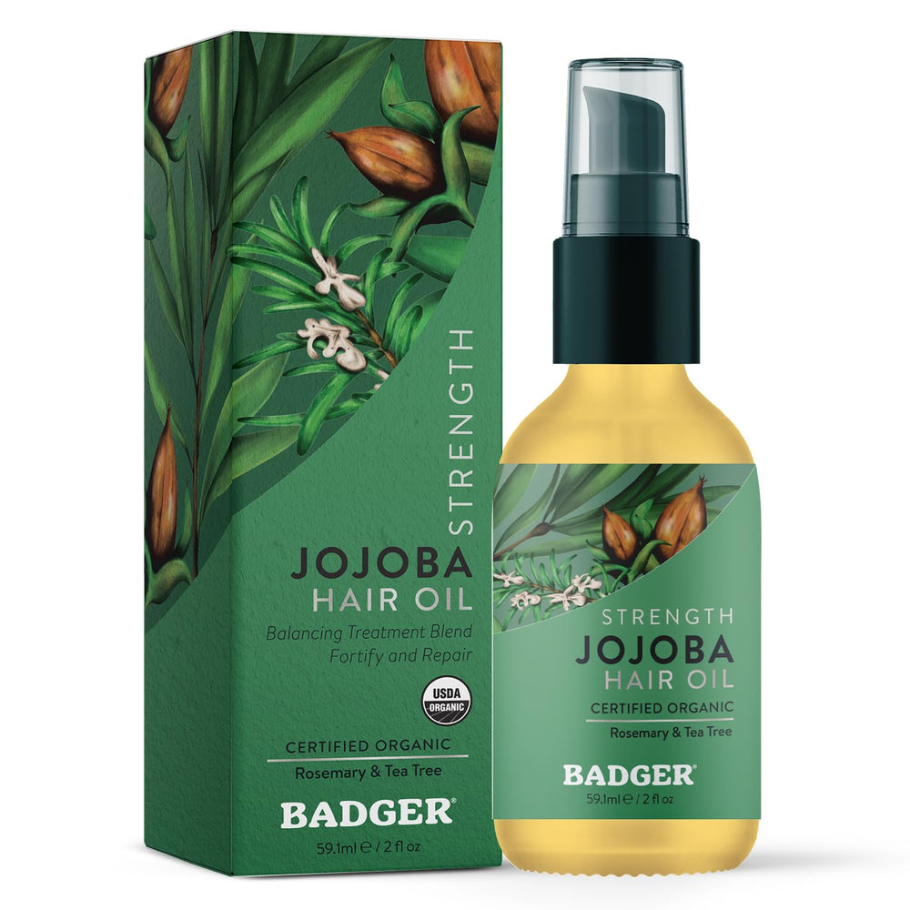 Badger Huile Jojoba pour cheveux, bouteille-pompe, hydratation rapide et application pratique.