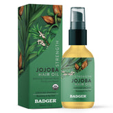 Badger Huile Jojoba pour cheveux, bouteille-pompe, hydratation rapide et application pratique.