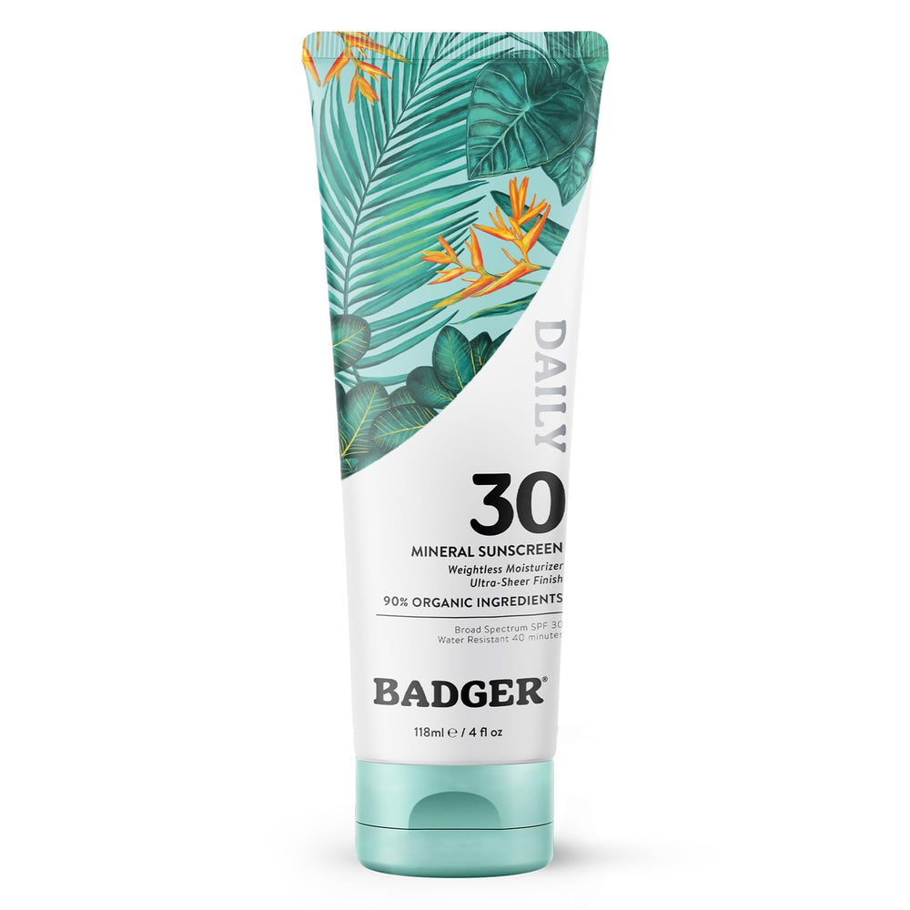 Badger Mineral Daily Sunscreen, tube emballage, protection légère sans trace blanche.