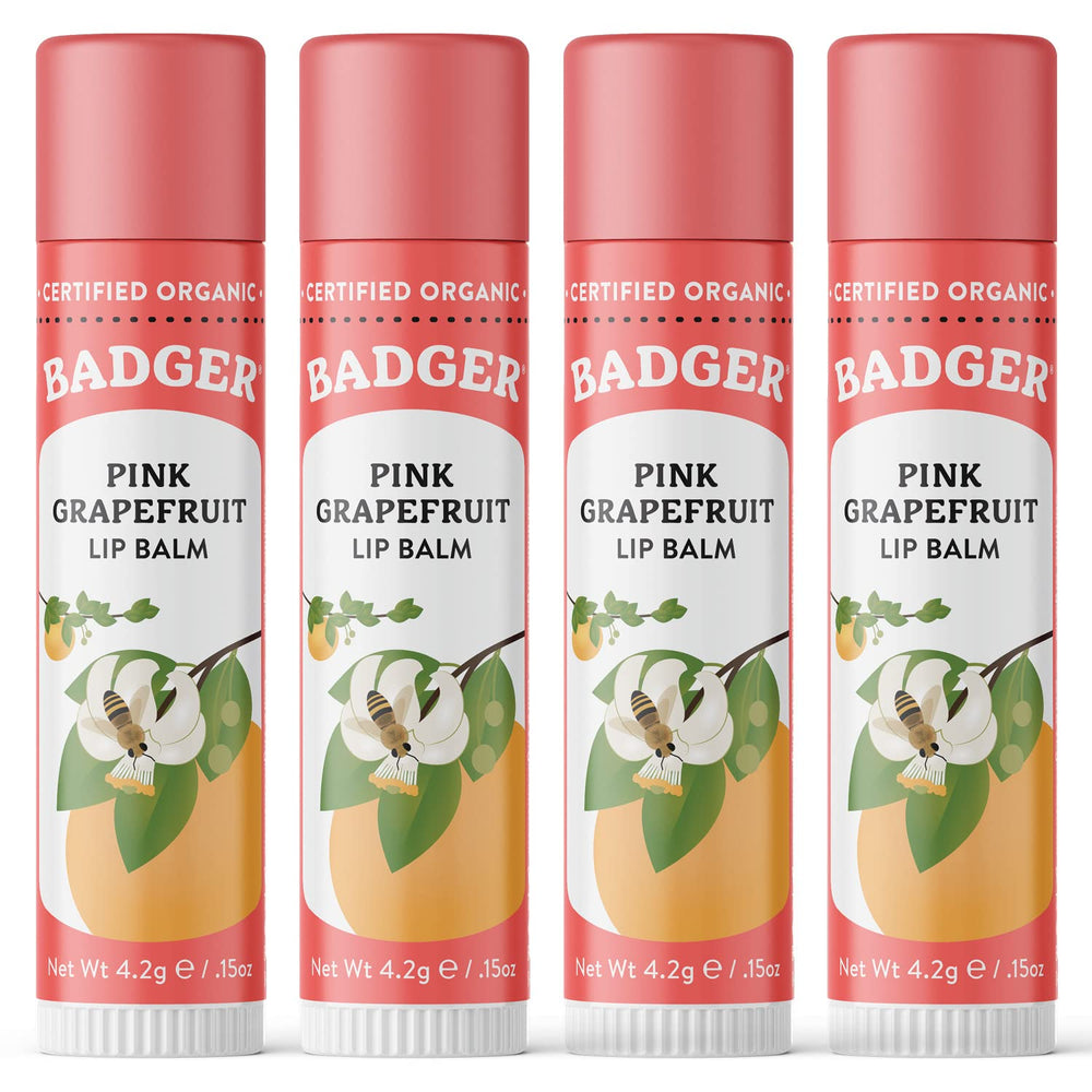 Badger Pink Grapefruit Lip Balm pack shows a smooth glide for dry lips.