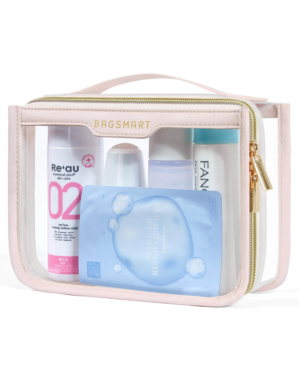 Sac BAGSMART cosmétique transparent avec ouverture à 180° pour accès rapide.
