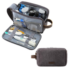 BagSmart trousse-toilette canvas gris grande prête pour le voyage.