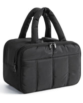 BAGSMART trousse de toilette puffy noire ouverte, accès rapide aux articles de voyage.