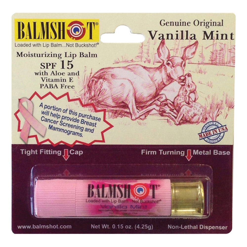 Balmshot Pink Camo lip balm: hydratation durable et SPF 15, parfum Vanille Menthe