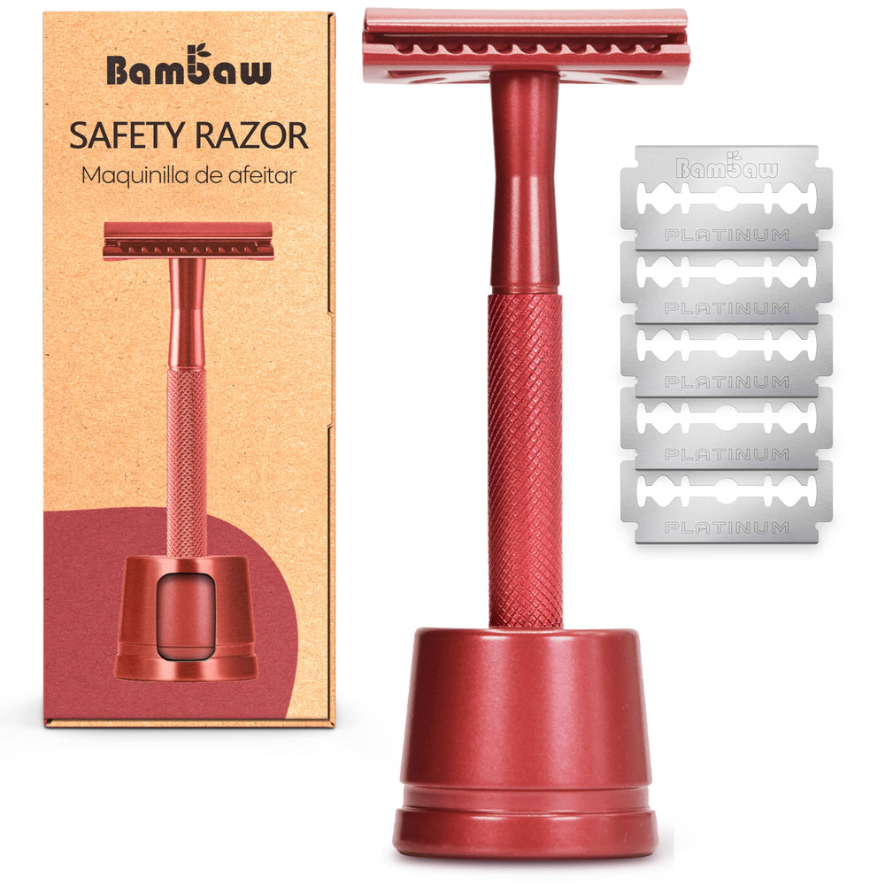 Rasoir Bambaw double-tranchant avec support rouge, précision assurée.
