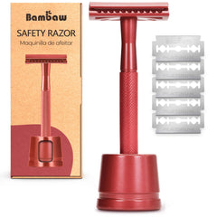 Rasoir Bambaw double-tranchant avec support rouge, précision assurée.