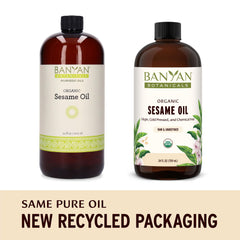 Huile de sésame Banyan Botanicals avec pipette pour application précise.