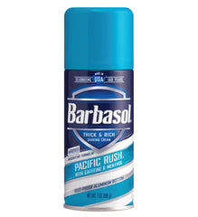 Barbasol Pacific Rush en canette tri-pack, pratique pour rasages quotidiens.