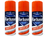 Barbasol crème rasage peau sensible, bouteille, offre un rasage doux sans irritation.