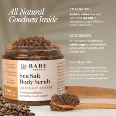Bare Botanics Gommage Coco Café : grains de sel fins pour éliminer les impuretés en douceur.