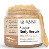 Bare Botanics gommage corps sucre brun coco vanille pour peau douce et lumineuse.